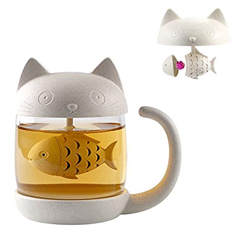 Taza de té de vidrio con lindo gato, taza de té ...